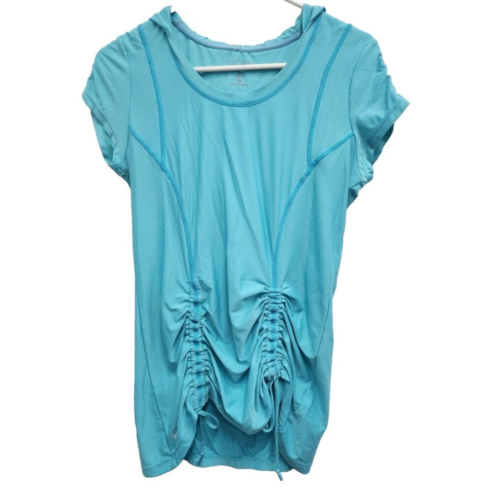 Athleta‎ Womens Hooded Top Small Aqua Blue Cinched Short Sleeve Activewear